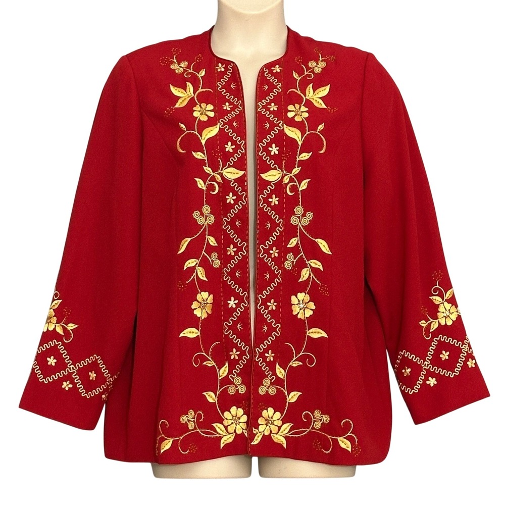 Festive Holiday Women Jacket Plus 18W Red Gold Embroidered Regency Classic Party